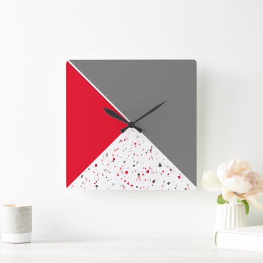 Modern Geometric Red Gray Terrazzo Pattern Vierkante Klok (Huis)