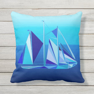 Modern Geometric Sailboat / Yacht, Cobalt Blue Buitenkussen
