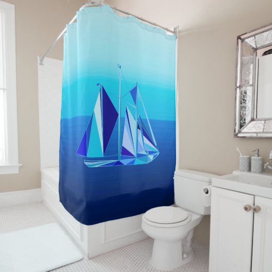 Modern Geometric Sailboat / Yacht, Cobalt Blue Douchegordijn (In situ)