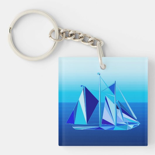 Modern Geometric Sailboat / Yacht, Cobalt Blue Sleutelhanger (Voorkant)