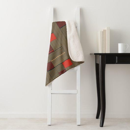 Modern Geometric Stripe Pattern in Red and Tan Sherpa Deken (In situ)
