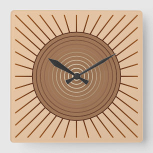 Modern Geometric Sunburst - Bruin en Tan Vierkante Klok