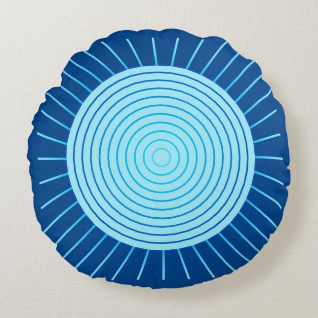 Modern Geometric Sunburst - Cobalt Blue en Aqua Rond Kussen (Voorkant)