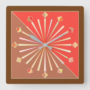 Modern Geometric Sunburst, Coral Oranje en Tan Vierkante Klok