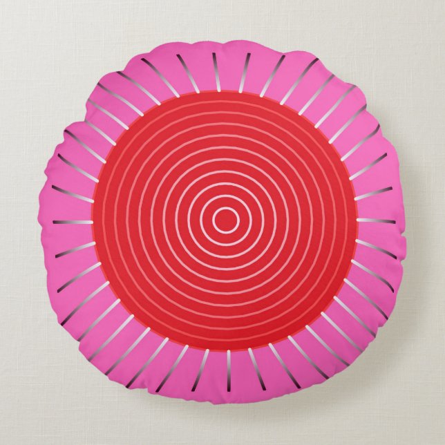 Modern Geometric Sunburst - Fuchsia and Red Rond Kussen (Voorkant)