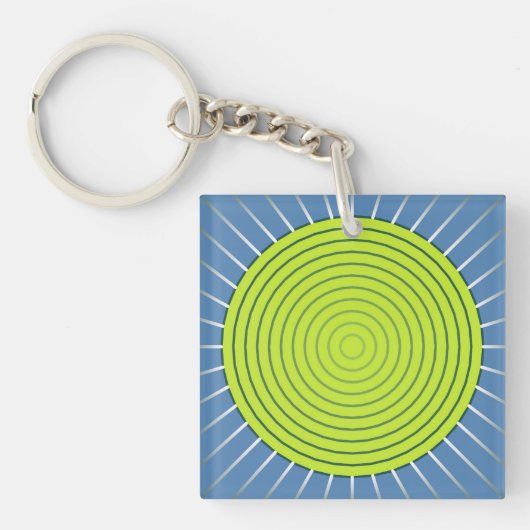Modern Geometric Sunburst - Limoen en Denim Blue Sleutelhanger (Voorkant)