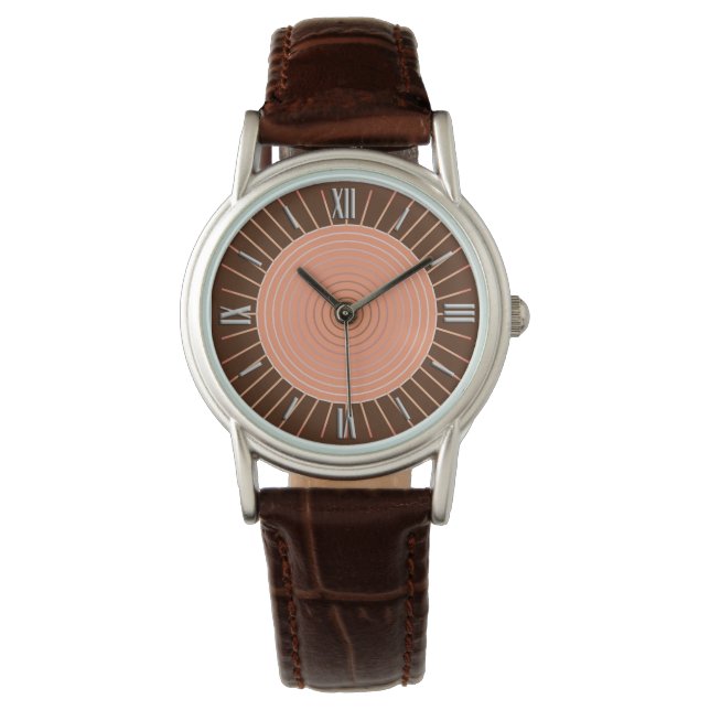 Modern Geometric Sunburst - Peach en Brown Horloge (Voorkant)