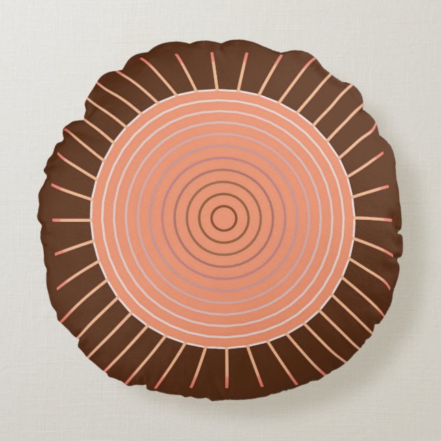Modern Geometric Sunburst - Peach en Brown Rond Kussen (Voorkant)