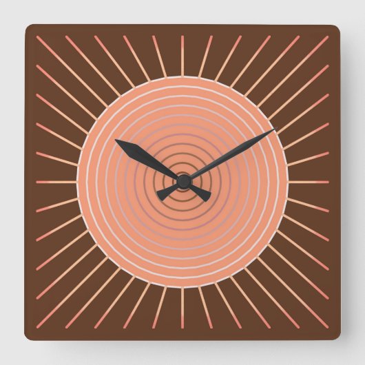 Modern Geometric Sunburst - Peach en Brown Vierkante Klok (Voorkant)