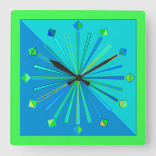 Modern Geometric Sunburst, Turquoise & Lime Green Vierkante Klok