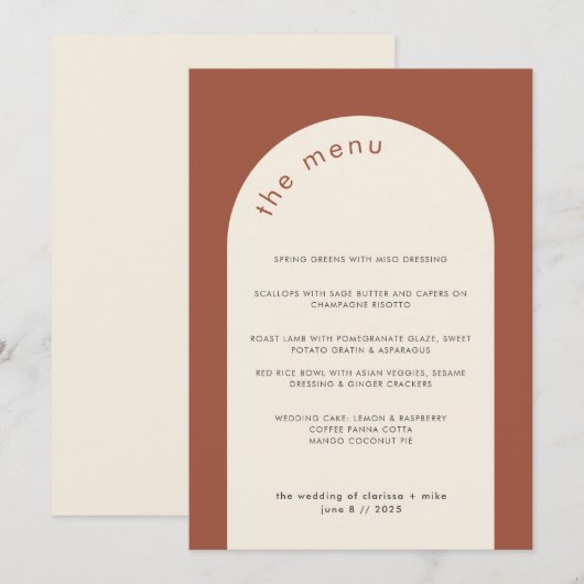 Modern Geometric Terracotta Beige Arch Wedding Menu (Voorkant / Achterkant)