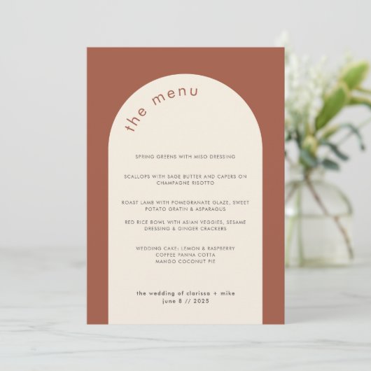 Modern Geometric Terracotta Beige Arch Wedding Menu (Staand voorkant)