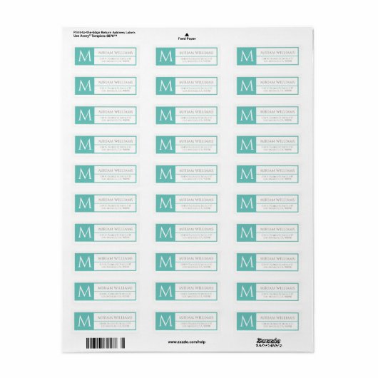 Modern Geometric Turquoise Lijst Custom Monogram Etiket (Full Sheet)