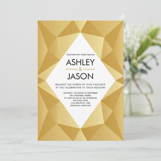 Modern Geometric Wedding Invitation in Gold Kaart (Staand voorkant)