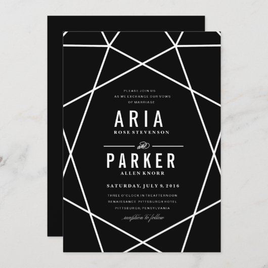Modern Geometric Wedding Invitation on Black Kaart (Voorkant / Achterkant)