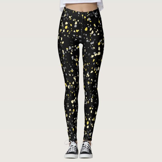 Modern Geometric Yellow Grey Terrazzo Pattern Leggings (Voorkant)