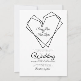 Modern Geometrical Double Hearts Black Wedding Kaart