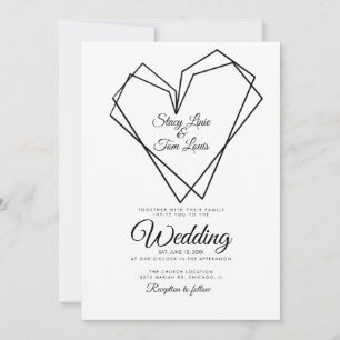 Modern Geometrical Double Hearts Black Wedding Kaart