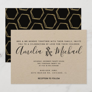 Modern Geometrical Gold and Black Wedding Kraft Kaart