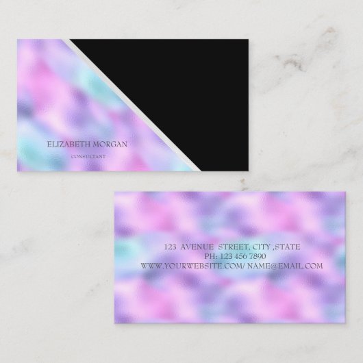 Modern geometrisch, elegant, zwart, holografisch visitekaartje (Voorkant / Achterkant)