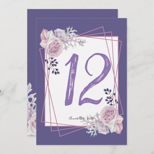 Modern geometrisch frame paarse bloem tafelnummer (Voorkant / Achterkant)