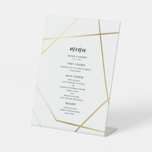 Modern geometrisch gouden lijst bruiloft menu reclamebord met voetstuk (Voorkant)