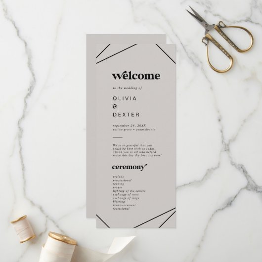 Modern geometrisch | Grey Wedding Program Programmakaart (Voorkant / Achterkant in situ)