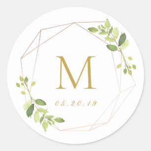 Modern Geometrisch Groen Huwelijk Monogram Ronde Sticker