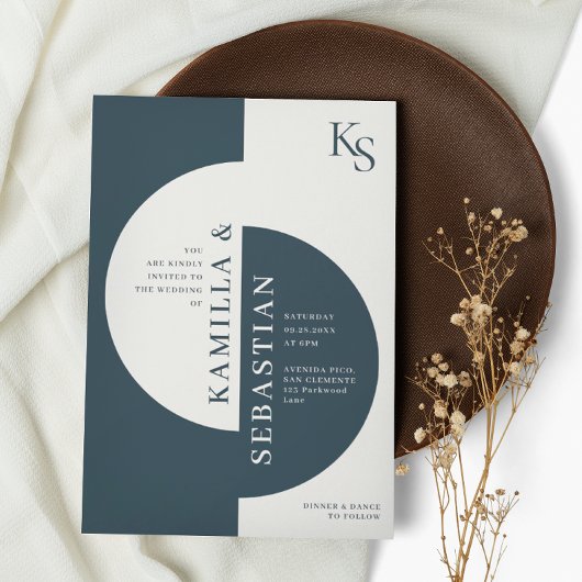 Modern Geometrisch Marine Blauw Ivoor Monogram Bru Kaart