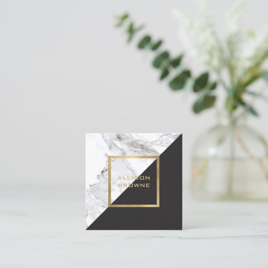 Modern Geometrisch Marmer/Zwart en Faux Gold Vierkante Visitekaartje (Staand voorkant)