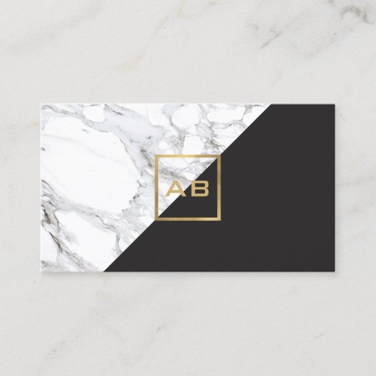 Modern Geometrisch Marmer/Zwart Monogram Logo Visitekaartje (Voorkant)
