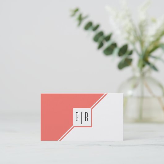 Modern geometrisch monogram levend koraal visitekaartje (Staand voorkant)