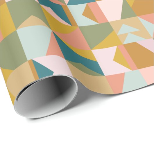 Modern geometrisch patchpatroon | Mosterd Blauwgro Cadeaupapier (Rol Hoek)