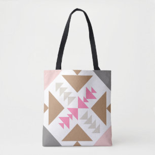 Modern geometrisch quilt-ontwerp in roze en koper tote bag