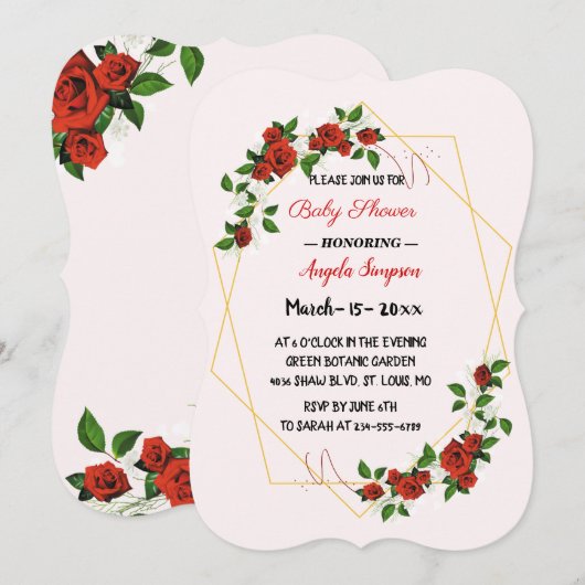 Modern Geometrisch Rood Bloemen-glitter Baby-showe Kaart (Voorkant / Achterkant)