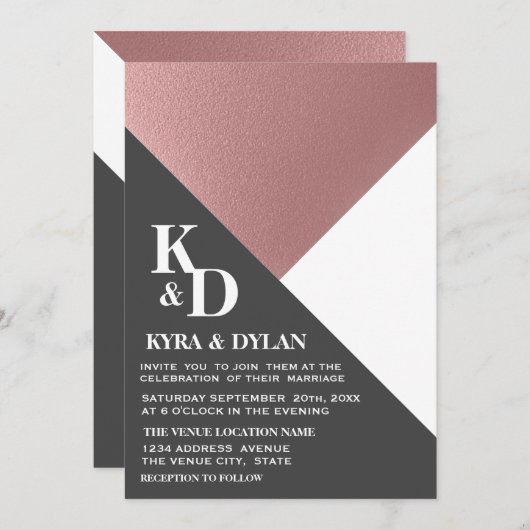 Modern Geometrisch Roos Gold en Charcoal Gray Wedd Kaart (Voorkant / Achterkant)