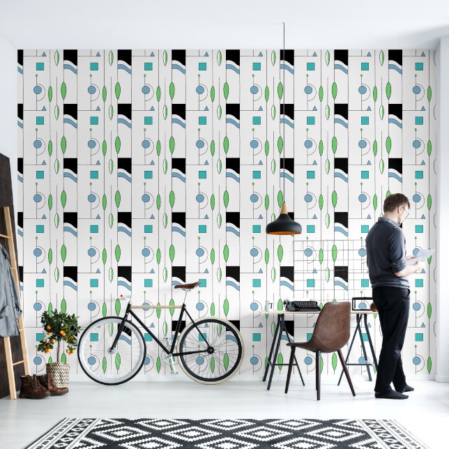 Modern Geometrisch Zwart-Wit Blauw Behang (Woonkamer)