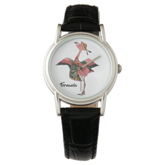 Modern gepersonaliseerd Bohemian Flamingo horloge (Voorkant)