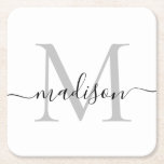 Modern gepersonaliseerd grijs monogram scriptnaam kartonnen onderzetters<br><div class="desc">Elegant Modern Gepersonaliseerd Zilvergrijs Zwart Monogram Script Naam Initiaal Papier Onderzetter</div>