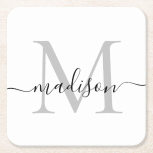 Modern gepersonaliseerd grijs monogram scriptnaam kartonnen onderzetters