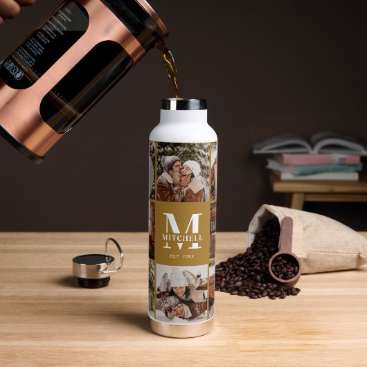 Modern gepersonaliseerd monogram en fotocollage waterfles (Koffie)