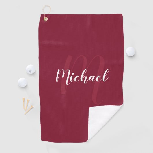Modern gepersonaliseerd monogram en naam Burgundy Golfhanddoek (Insitu)