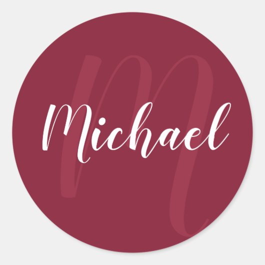 Modern gepersonaliseerd monogram en naam Burgundy  Ronde Sticker (Voorkant)