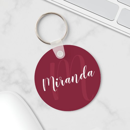 Modern gepersonaliseerd monogram en naam Burgundy  Sleutelhanger
