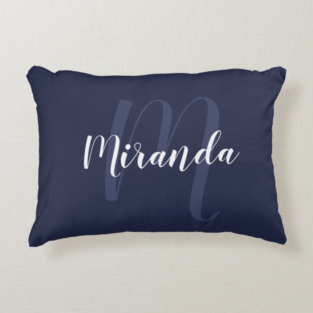 Modern gepersonaliseerd monogram en naam Navy Blue Accent Kussen (Voorkant)