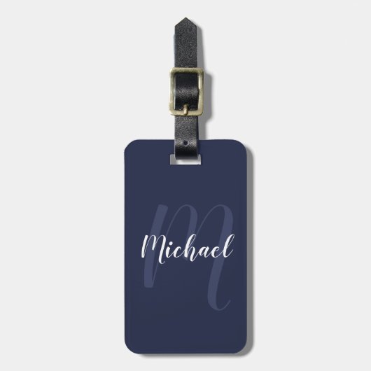Modern gepersonaliseerd monogram en naam Navy Blue Bagagelabel (Voorkant verticaal)