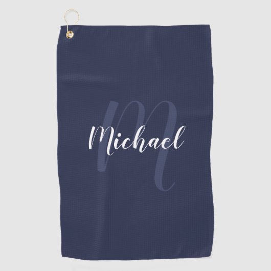 Modern gepersonaliseerd monogram en naam Navy Blue Golfhanddoek (Voorkant)