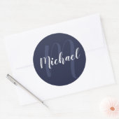 Modern gepersonaliseerd monogram en naam Navy Blue Ronde Sticker (Envelop)