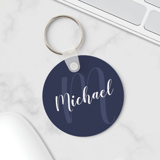 Modern gepersonaliseerd monogram en naam Navy Blue Sleutelhanger