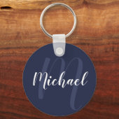 Modern gepersonaliseerd monogram en naam Navy Blue Sleutelhanger (Voorkant)